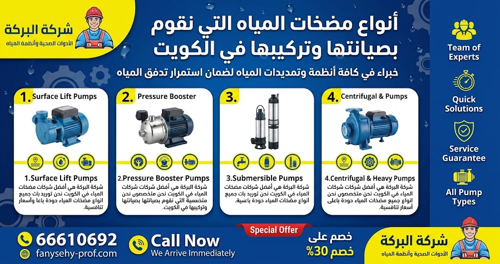 انفوجرافيك يوضح أنواع مضخات المياه التي تقوم شركة البركة بتركيبها وصيانتها في الكويت مثل الغاطسة والسطحية والبوستر
