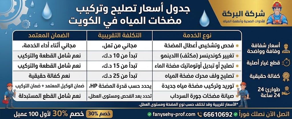 جدول أسعار خدمات تصليح وتركيب مضخات المياه في الكويت المقدمة من شركة البركة.