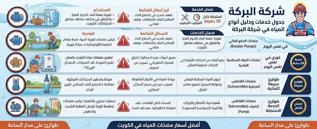 صورة توضيحية لجدول شامل عن أنواع مضخات المياه (الدفع العالي، السطحية، الغاطسة) في شركة البركة في الكويت، مع تفاصيل خدمات الصيانة والتركيب، الأعطال، وضمان الخدمة ووقت الاستجابة (20-30 دقيقة)، ورقم الاتصال 66610692.