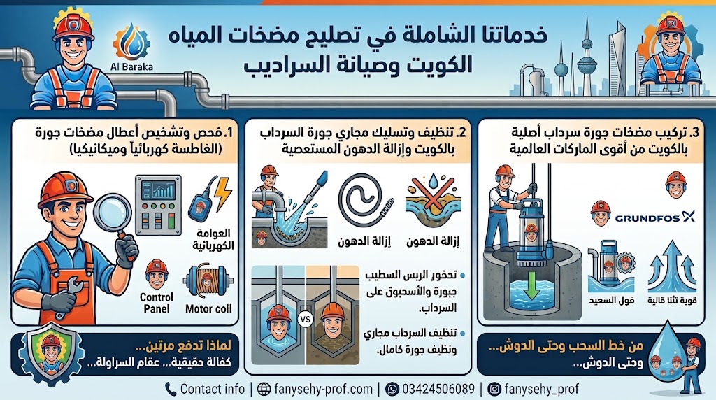 إنفوجرافيك يوضح خدمات شركة البركة الشاملة في تصليح مضخات المياه بالكويت، بما في ذلك صيانة مضخات السراديب الغاطسة، تنظيف الجورة، وتركيب مضخات جراندفوس الأصلية.