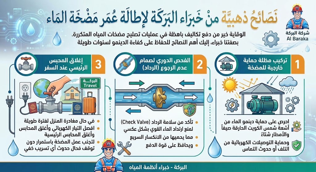 إنفوجرافيك من خبراء شركة البركة في الكويت يوضح ثلاث نصائح ذهبية لإطالة عمر مضخة الماء: تركيب مظلة، فحص صمام عدم الرجوع، وإغلاق المحبس عند السفر.
