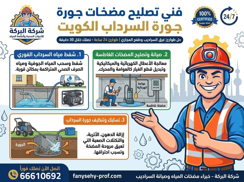 فني تصليح وصيانة مضخات جورة السرداب الغاطسة وشفط مياه السرداب في الكويت مع شركة البركة