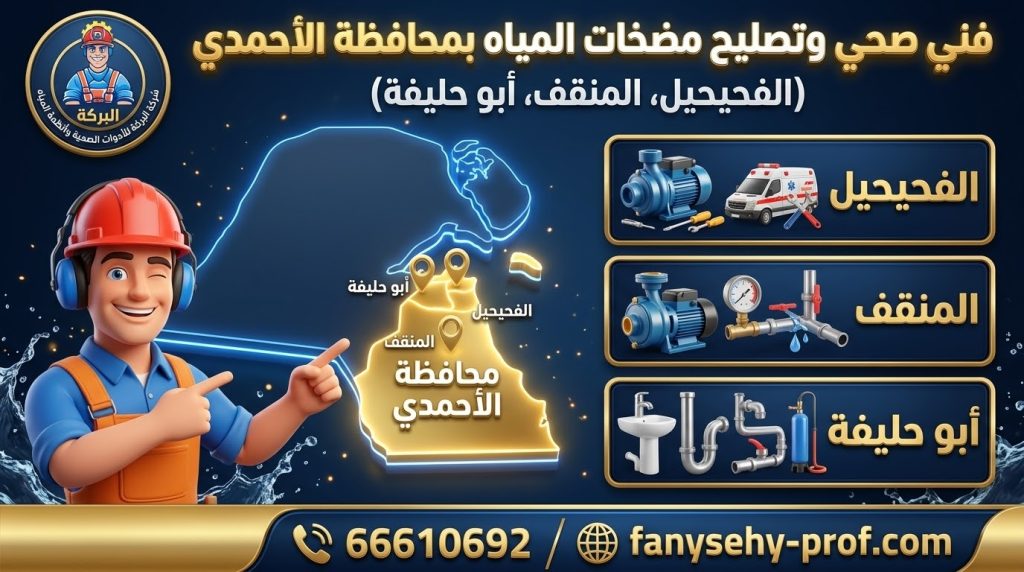 فني صحي وتصليح مضخات المياه بمحافظة الأحمدي الفحيحيل المنقف أبو حليفة طوارئ 24 ساعة شركة البركة
