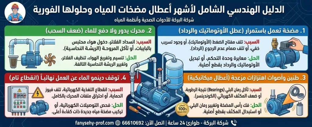 الدليل الهندسي الشامل لأشهر أعطال مضخات المياه المنزلية والبوستر والرفع في الكويت مع شركة البركة